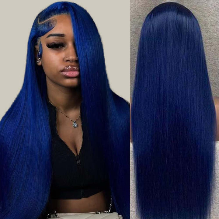 Fas Hair Blue Straight Transparent HD Lace Frontal Wig Pre Colored Navy Blue Human Hair Glueless Wig For Women
