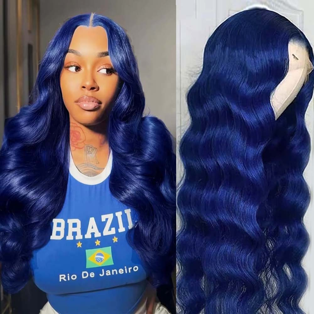 Fas Hair Blue Body Wave Glueless HD Transparent Lace Frontal Wig Pre Colored Human Hair Wig Wig For Women