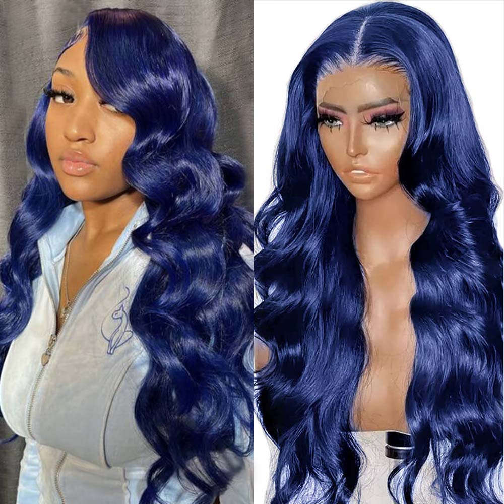 Fas Hair Blue Body Wave Glueless HD Transparent Lace Frontal Wig Pre Colored Human Hair Wig Wig For Women