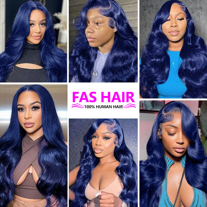 Fas Hair Blue Body Wave Glueless HD Transparent Lace Frontal Wig Pre Colored Human Hair Wig Wig For Women