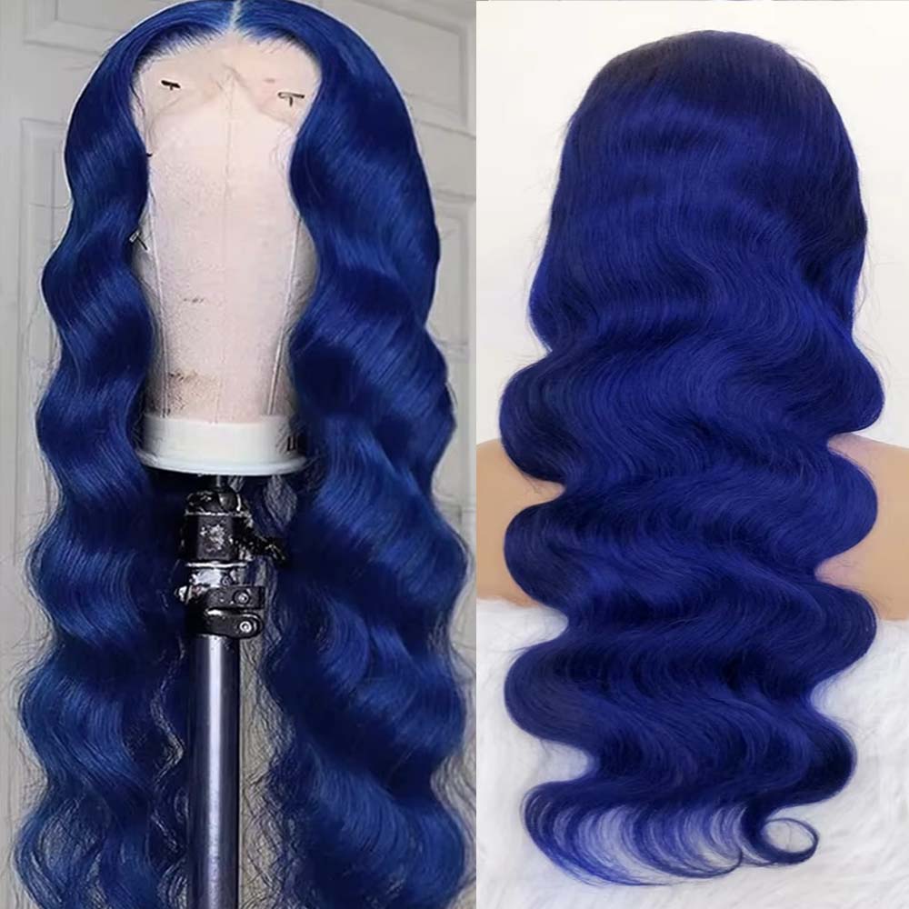 Fas Hair Blue Body Wave Glueless HD Transparent Lace Frontal Wig Pre Colored Human Hair Wig Wig For Women