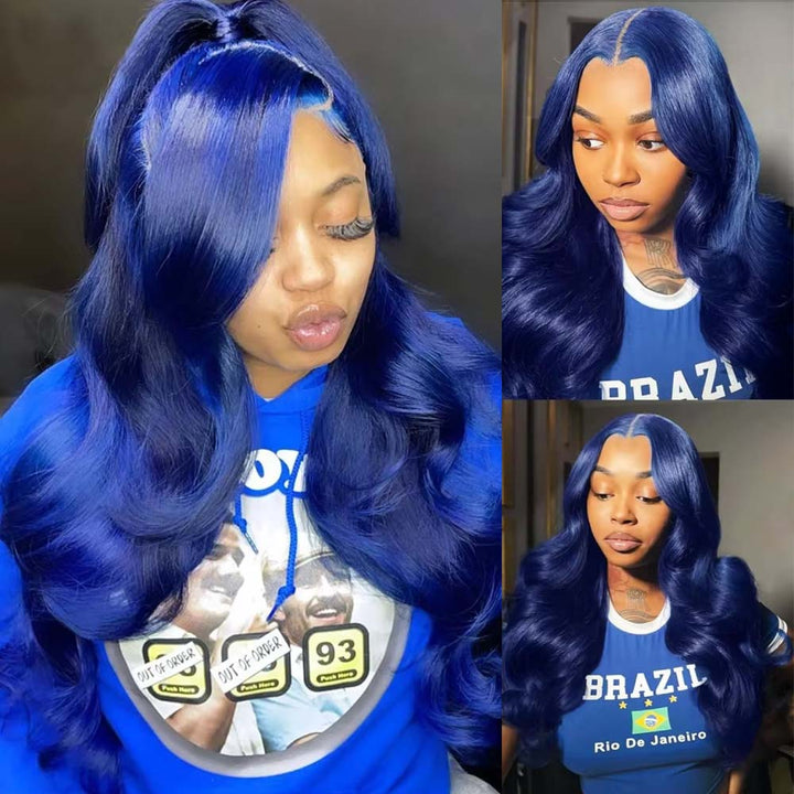 Fas Hair Blue Body Wave Glueless HD Transparent Lace Frontal Wig Pre Colored Human Hair Wig Wig For Women