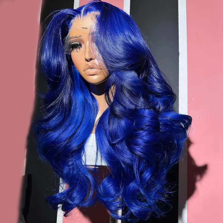 Fas Hair Blue Body Wave Glueless HD Transparent Lace Frontal Wig Pre Colored Human Hair Wig Wig For Women