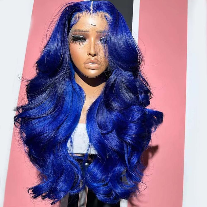 Fas Hair Blue Body Wave Glueless HD Transparent Lace Frontal Wig Pre Colored Human Hair Wig Wig For Women