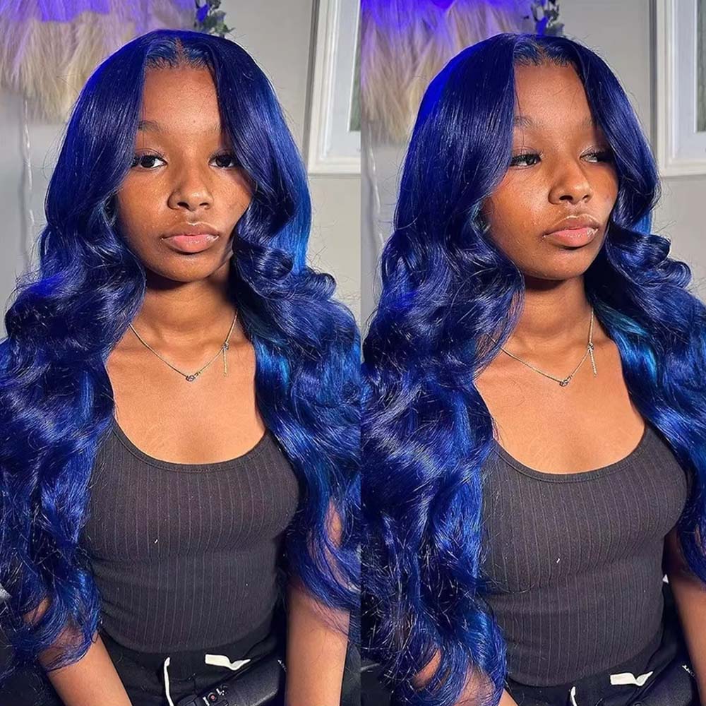 Fas Hair Blue Body Wave Glueless HD Transparent Lace Frontal Wig Pre Colored Human Hair Wig Wig For Women