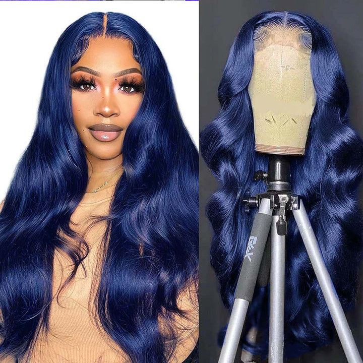 Fas Hair Blue Body Wave Glueless HD Transparent Lace Frontal Wig Pre Colored Human Hair Wig Wig For Women