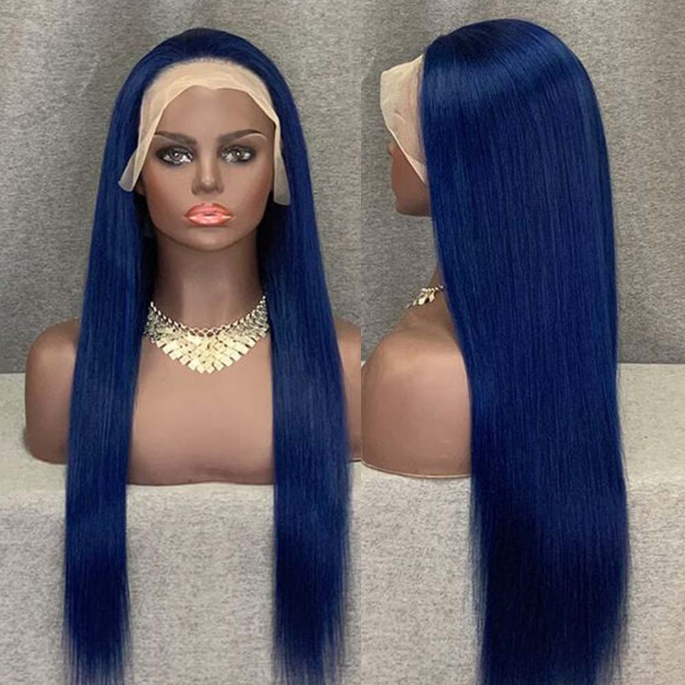 Fas Hair Blue Straight Transparent HD Lace Frontal Wig Pre Colored Navy Blue Human Hair Glueless Wig For Women