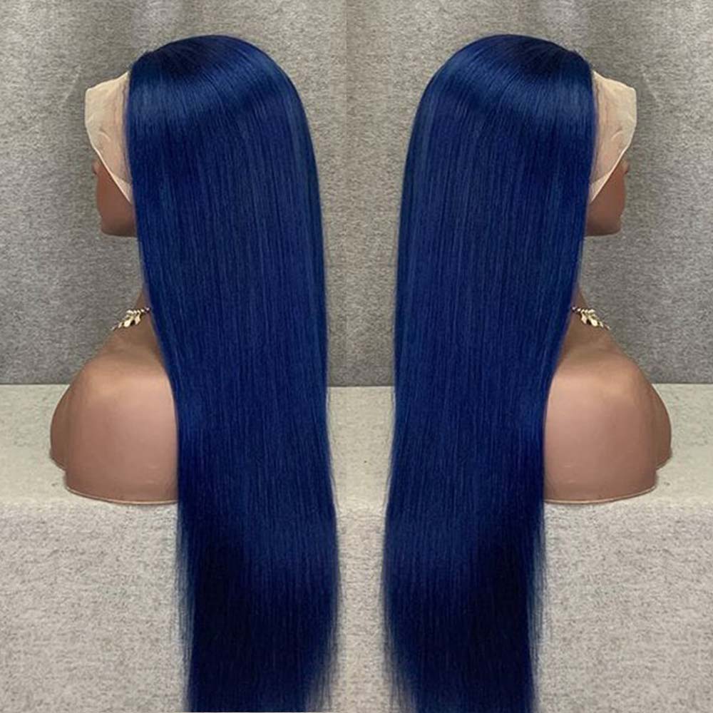 Fas Hair Blue Straight Transparent HD Lace Frontal Wig Pre Colored Navy Blue Human Hair Glueless Wig For Women