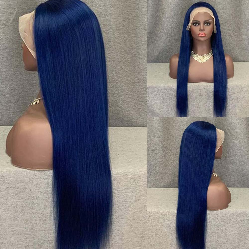 Fas Hair Blue Straight Transparent HD Lace Frontal Wig Pre Colored Navy Blue Human Hair Glueless Wig For Women
