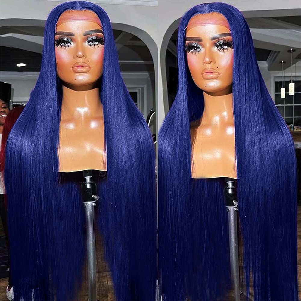 Fas Hair Blue Straight Transparent HD Lace Frontal Wig Pre Colored Navy Blue Human Hair Glueless Wig For Women