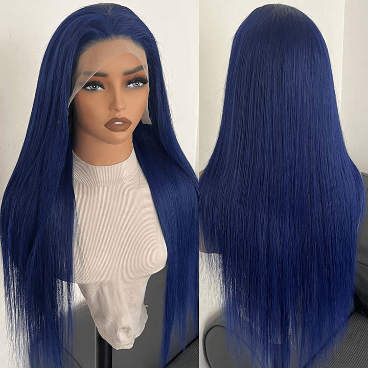 Fas Hair Blue Straight Transparent HD Lace Frontal Wig Pre Colored Navy Blue Human Hair Glueless Wig For Women