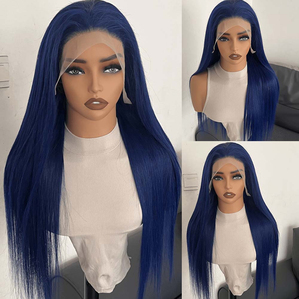 Fas Hair Blue Straight Transparent HD Lace Frontal Wig Pre Colored Navy Blue Human Hair Glueless Wig For Women
