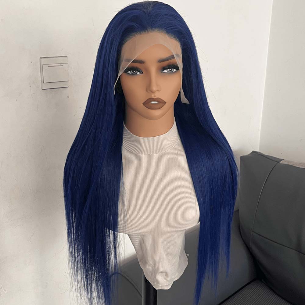 Fas Hair Blue Straight Transparent HD Lace Frontal Wig Pre Colored Navy Blue Human Hair Glueless Wig For Women