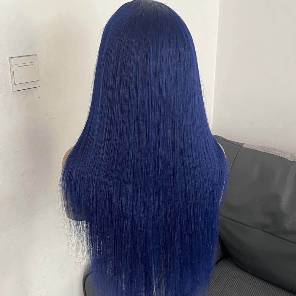 Fas Hair Blue Straight Transparent HD Lace Frontal Wig Pre Colored Navy Blue Human Hair Glueless Wig For Women