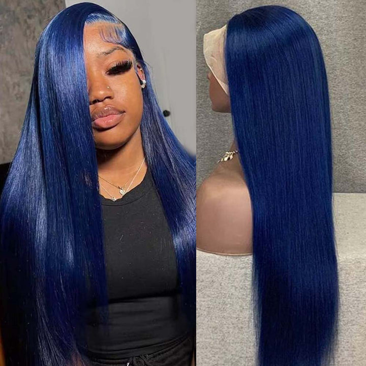 Fas Hair Blue Straight Transparent HD Lace Frontal Wig Pre Colored Navy Blue Human Hair Glueless Wig For Women