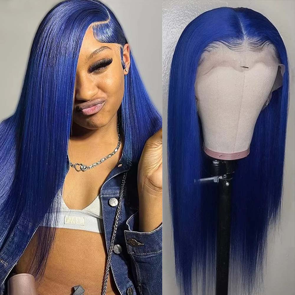 Fas Hair Blue Straight Transparent HD Lace Frontal Wig Pre Colored Navy Blue Human Hair Glueless Wig For Women