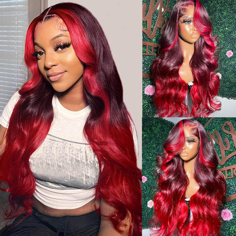 Fas Hair Dark #99j Burgundy with Red Body Wave Wig Pre Plucked Hairline Invisible HD Lace Skunk Stripe Highlight Human Hair Wig