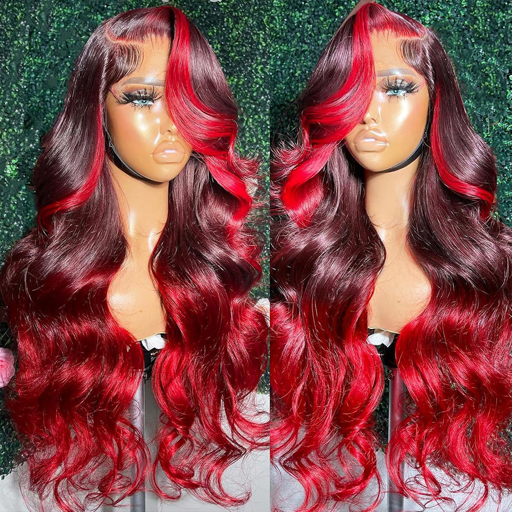 Fas Hair Dark #99j Burgundy with Red Body Wave Wig Pre Plucked Hairline Invisible HD Lace Skunk Stripe Highlight Human Hair Wig
