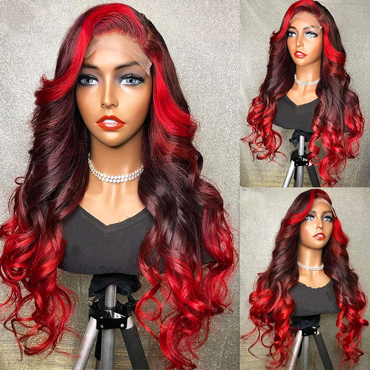 Fas Hair Dark #99j Burgundy with Red Body Wave Wig Pre Plucked Hairline Invisible HD Lace Skunk Stripe Highlight Human Hair Wig
