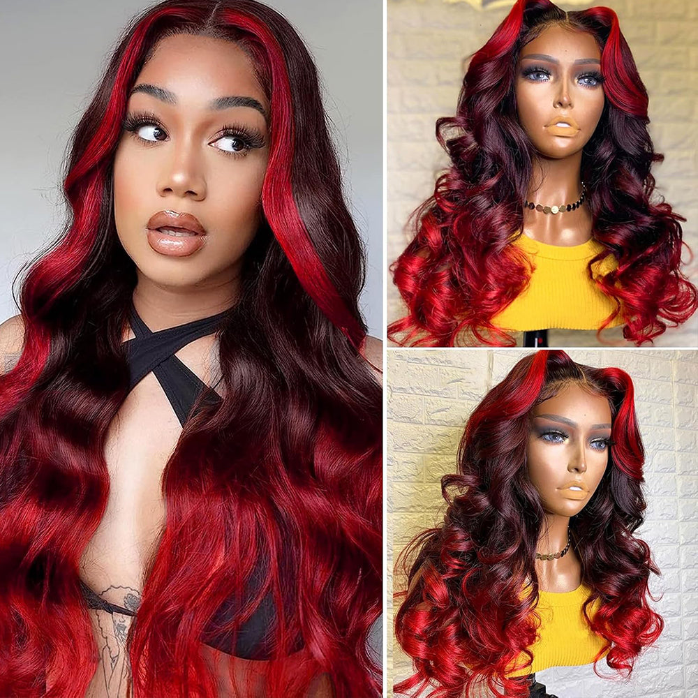 Fas Hair Dark #99j Burgundy with Red Body Wave Wig Pre Plucked Hairline Invisible HD Lace Skunk Stripe Highlight Human Hair Wig