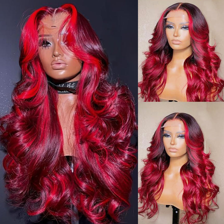 Fas Hair Dark #99j Burgundy with Red Body Wave Wig Pre Plucked Hairline Invisible HD Lace Skunk Stripe Highlight Human Hair Wig