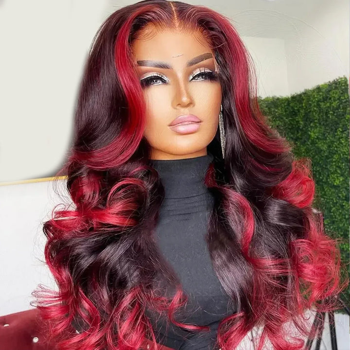 Fas Hair Dark #99j Burgundy with Red Body Wave Wig Pre Plucked Hairline Invisible HD Lace Skunk Stripe Highlight Human Hair Wig