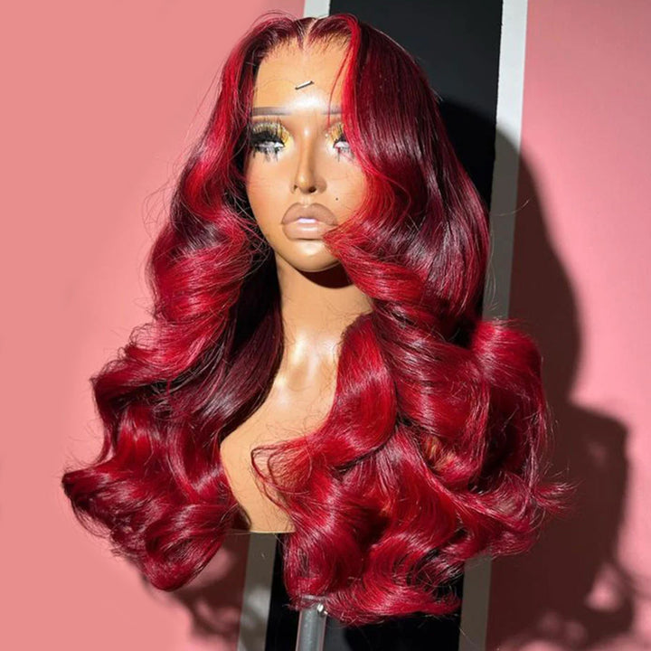 Fas Hair Dark #99j Burgundy with Red Body Wave Wig Pre Plucked Hairline Invisible HD Lace Skunk Stripe Highlight Human Hair Wig