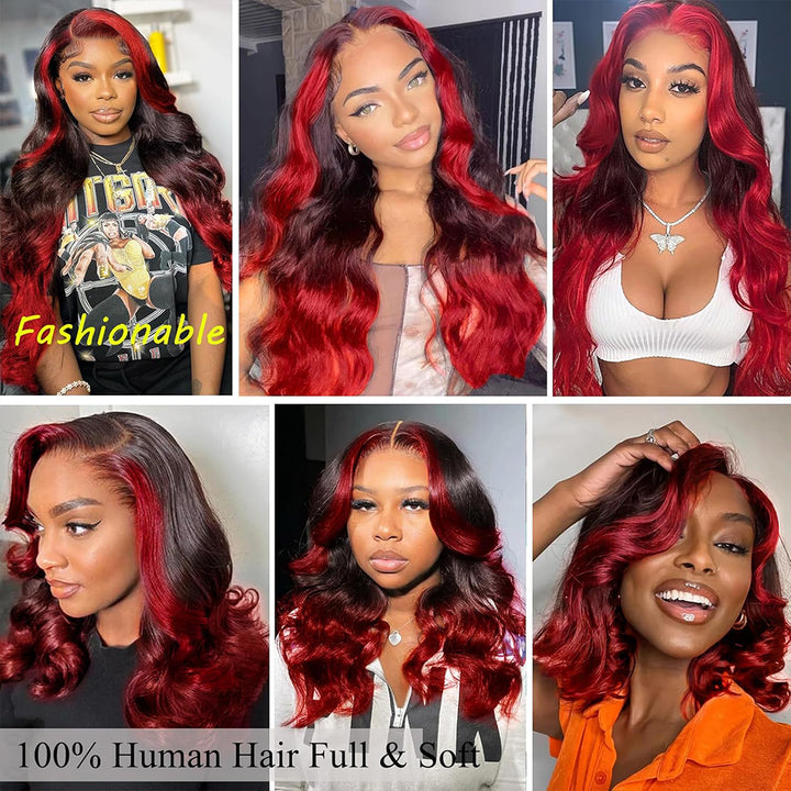 Fas Hair Dark #99j Burgundy with Red Body Wave Wig Pre Plucked Hairline Invisible HD Lace Skunk Stripe Highlight Human Hair Wig