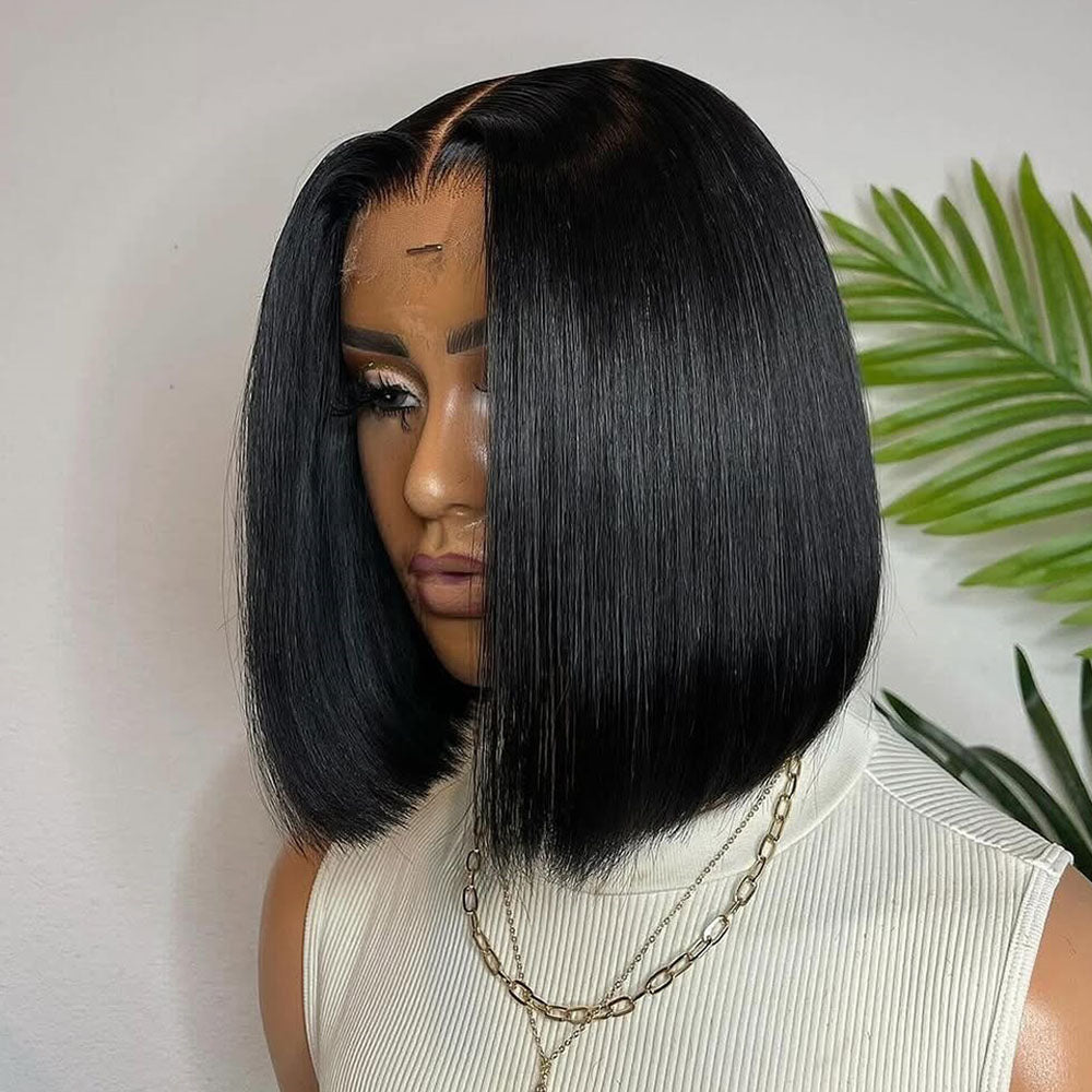 Fas Hair Bone Straight Glueless Human Hair Wig Short Transparent HD Lace Frontal Bob Wigs For Dark Skin Girls