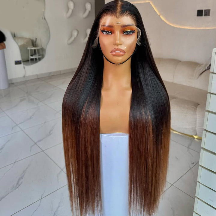 Fas Hair Sun-Kissed Ombre Gradient Wig 1B/30 Brown Colored Human Hair Transparent HD Lace Front Wig PrePlucked Hairline Wig For Women