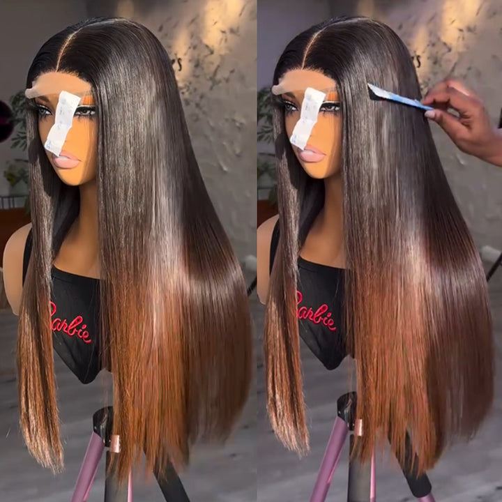 Fas Hair Sun-Kissed Ombre Gradient Wig 1B/30 Brown Colored Human Hair Transparent HD Lace Front Wig PrePlucked Hairline Wig For Women