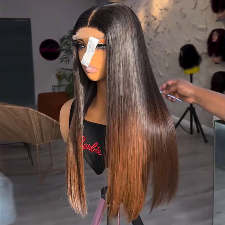 Fas Hair Sun-Kissed Ombre Gradient Wig 1B/30 Brown Colored Human Hair Transparent HD Lace Front Wig PrePlucked Hairline Wig For Women