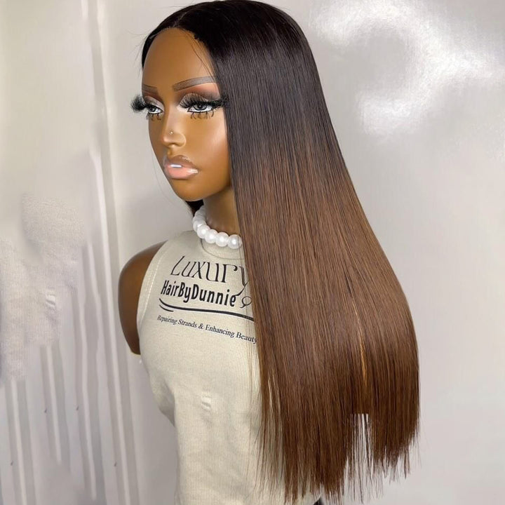 Fas Hair Sun-Kissed Ombre Gradient Wig 1B/30 Brown Colored Human Hair Transparent HD Lace Front Wig PrePlucked Hairline Wig For Women