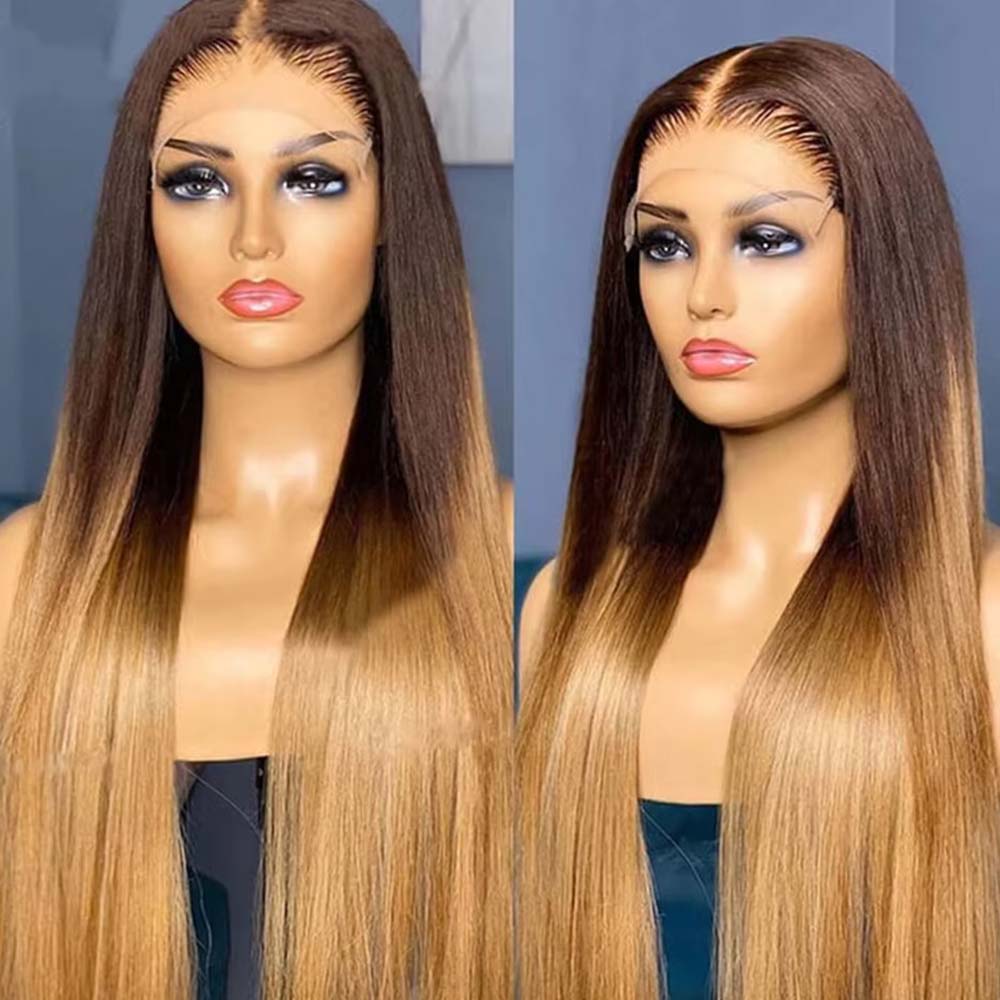 Fas Hair Ombre 4/27 Straight Human Hair Wig Brazilian Virgin Hair HD Lace Front Glueless Wig Invisible Hairline Gradient Color For Women