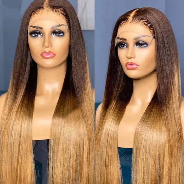 Fas Hair Ombre 4/27 Straight Human Hair Wig Brazilian Virgin Hair HD Lace Front Glueless Wig Invisible Hairline Gradient Color For Women