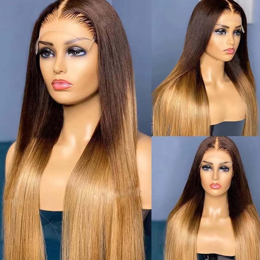 Fas Hair Ombre 4/27 Straight Human Hair Wig Brazilian Virgin Hair HD Lace Front Glueless Wig Invisible Hairline Gradient Color For Women