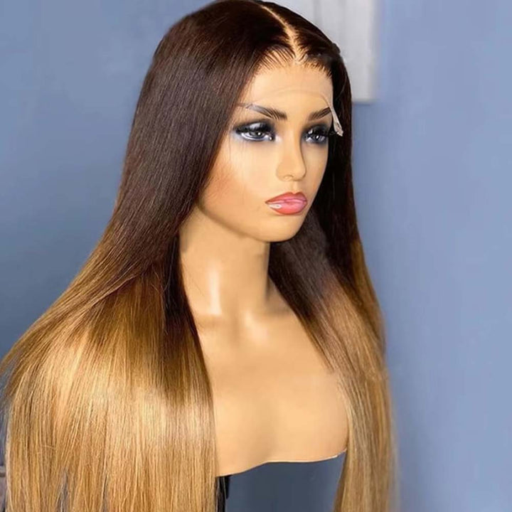 Fas Hair Ombre 4/27 Straight Human Hair Wig Brazilian Virgin Hair HD Lace Front Glueless Wig Invisible Hairline Gradient Color For Women