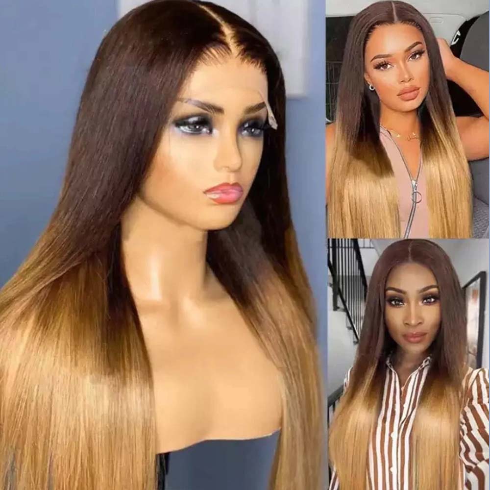 Fas Hair Ombre 4/27 Straight Human Hair Wig Brazilian Virgin Hair HD Lace Front Glueless Wig Invisible Hairline Gradient Color For Women