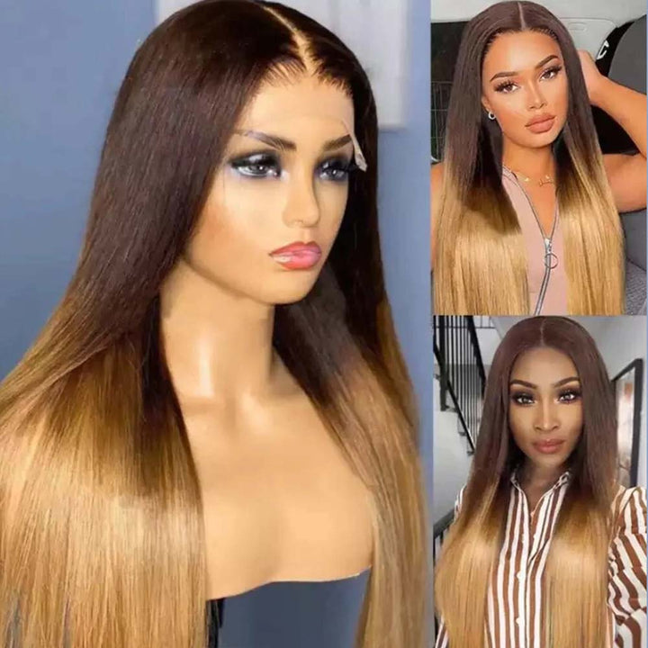 Fas Hair Ombre 4/27 Straight Human Hair Wig Brazilian Virgin Hair HD Lace Front Glueless Wig Invisible Hairline Gradient Color For Women