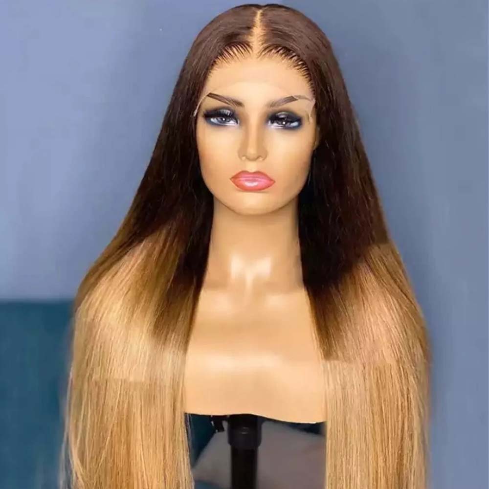Fas Hair Ombre 4/27 Straight Human Hair Wig Brazilian Virgin Hair HD Lace Front Glueless Wig Invisible Hairline Gradient Color For Women