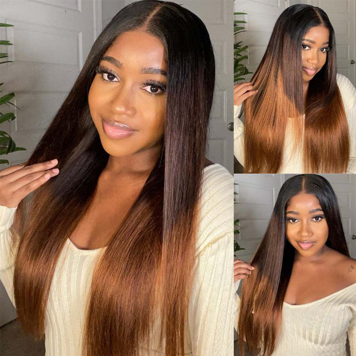 Fas Hair Sun-Kissed Ombre Gradient Wig 1B/30 Brown Colored Human Hair Transparent HD Lace Front Wig PrePlucked Hairline Wig For Women