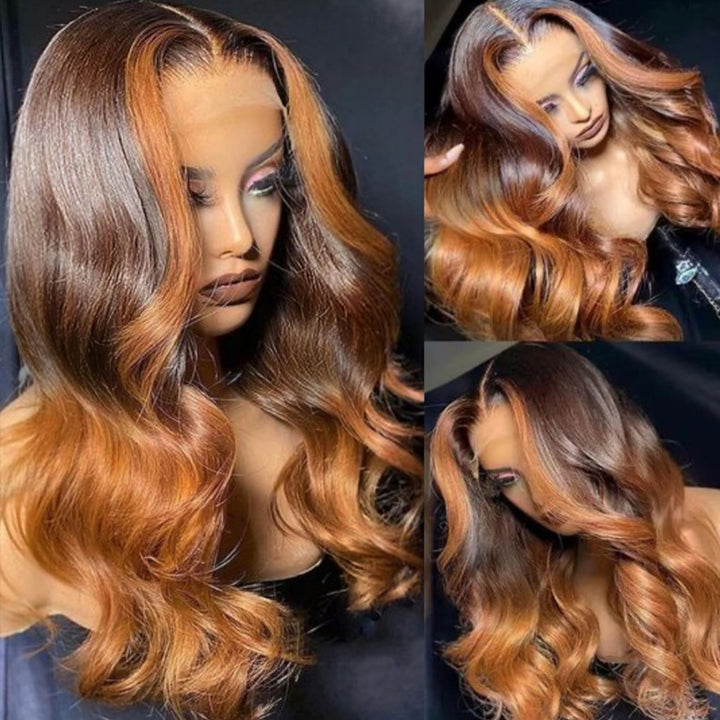 Fas Hair Ombre Brown Skunk Stripe Body Wave Wig Brazilian Virgin Hair HD Lace Front Glueless Human Hair Wig Two Tone Color For Women