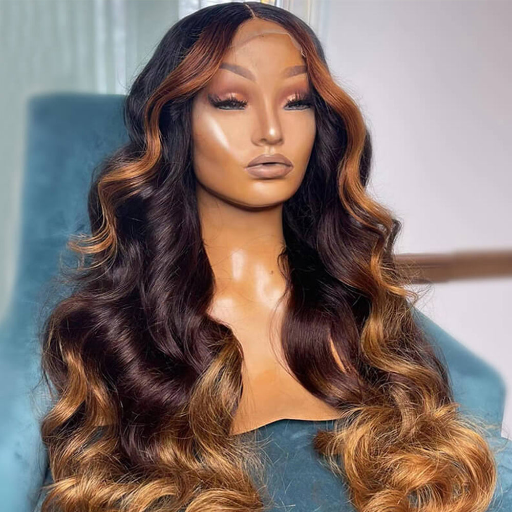 Fas Hair Ombre Brown Skunk Stripe Body Wave Wig Brazilian Virgin Hair HD Lace Front Glueless Human Hair Wig Two Tone Color For Women