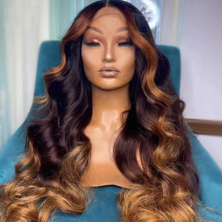 Fas Hair Ombre Brown Skunk Stripe Body Wave Wig Brazilian Virgin Hair HD Lace Front Glueless Human Hair Wig Two Tone Color For Women