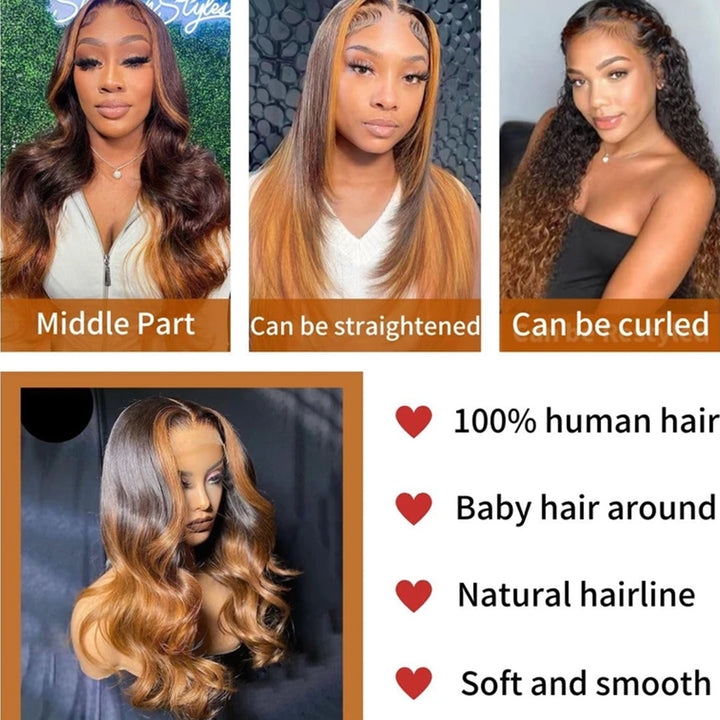 Fas Hair Ombre Brown Skunk Stripe Body Wave Wig Brazilian Virgin Hair HD Lace Front Glueless Human Hair Wig Two Tone Color For Women