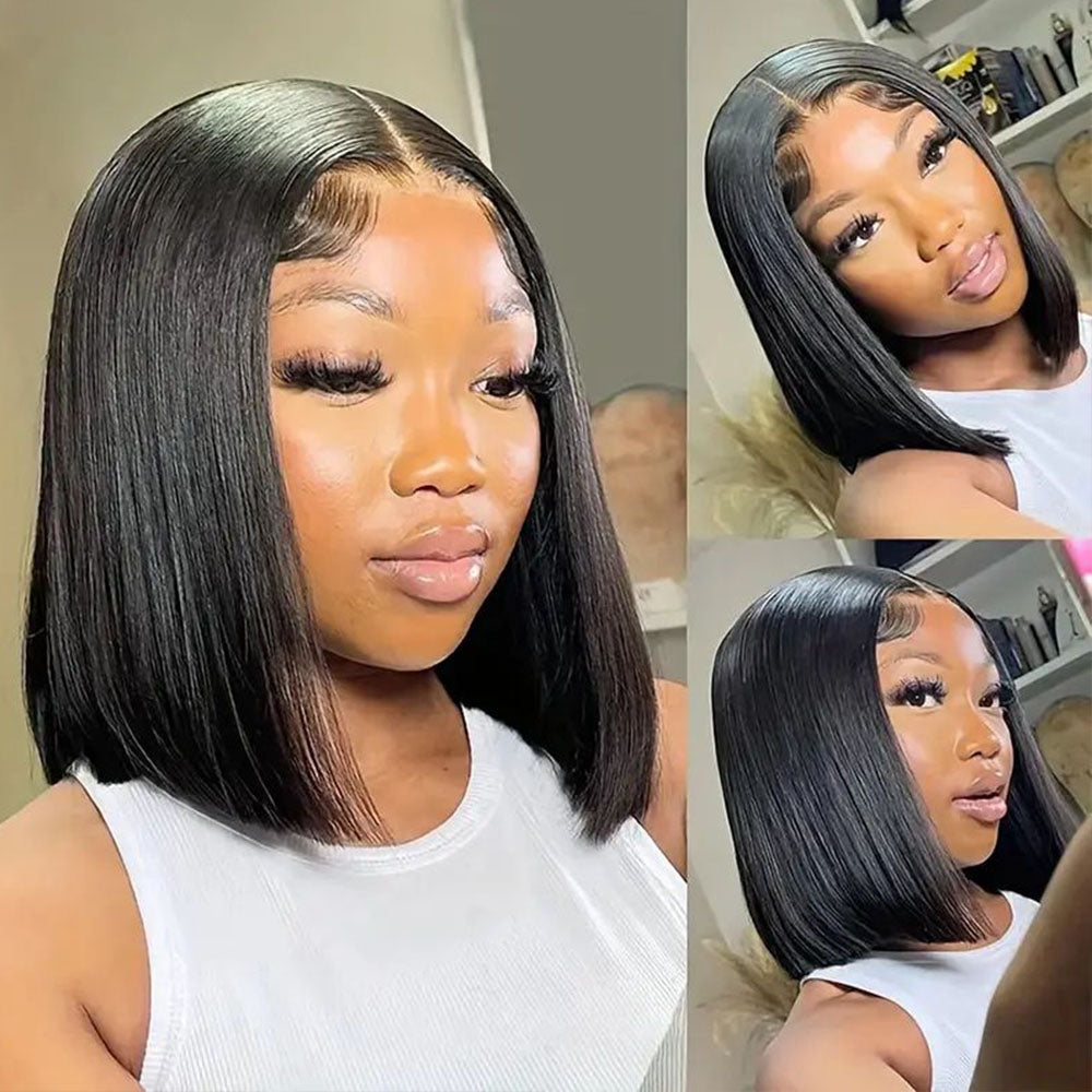 Fas Hair Bone Straight Glueless Human Hair Wig Short Transparent HD Lace Frontal Bob Wigs For Dark Skin Girls