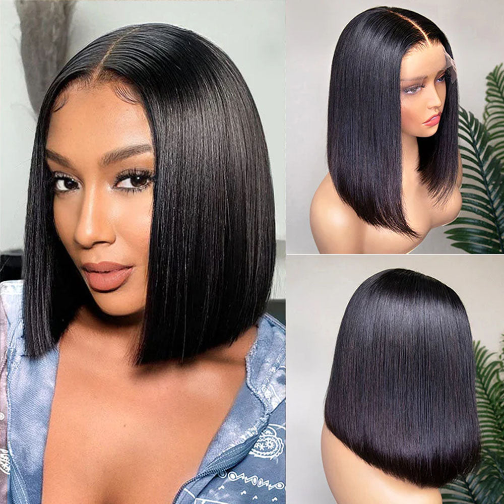 Fas Hair Bone Straight Glueless Human Hair Wig Short Transparent HD Lace Frontal Bob Wigs For Dark Skin Girls