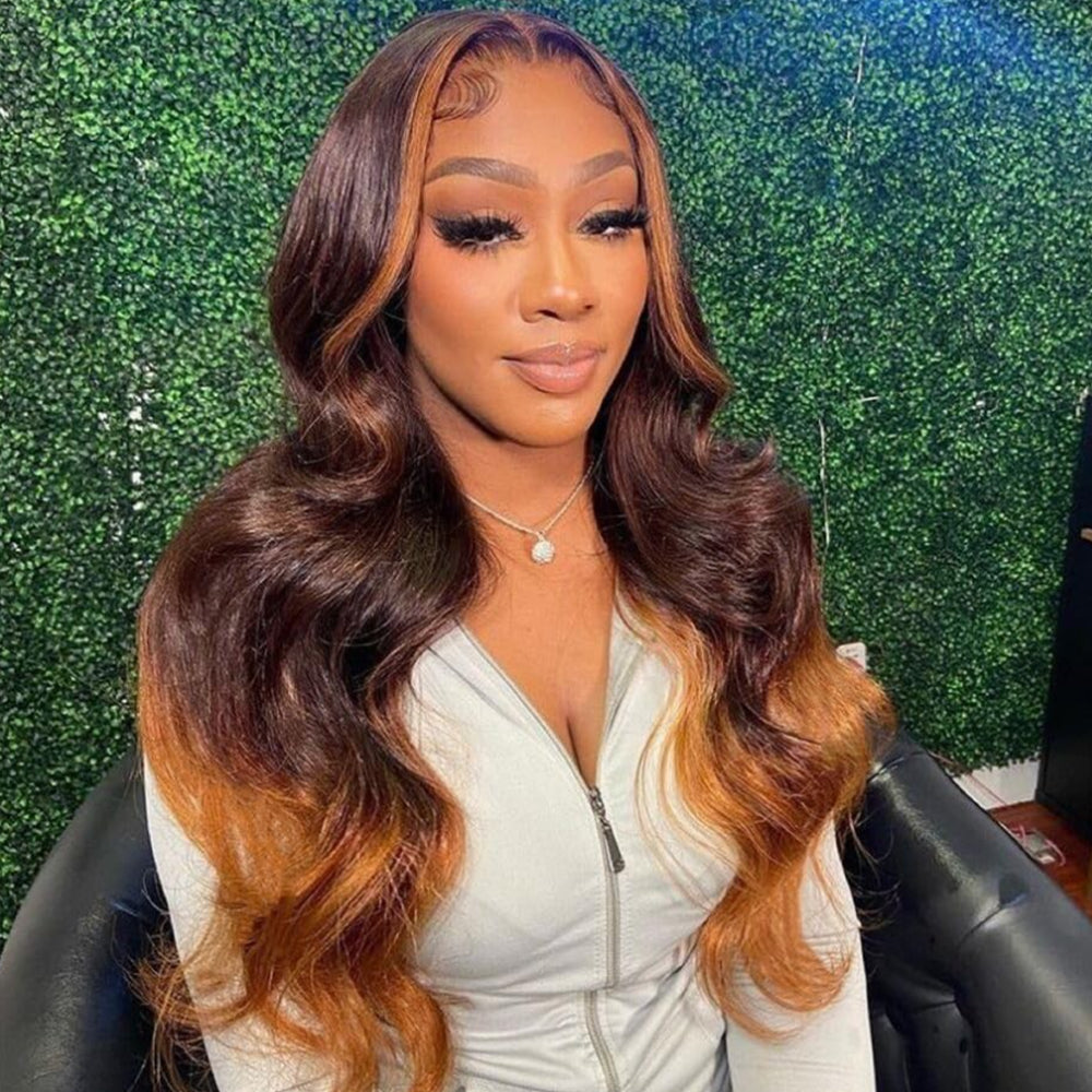 Fas Hair Ombre Brown Skunk Stripe Body Wave Wig Brazilian Virgin Hair HD Lace Front Glueless Human Hair Wig Two Tone Color For Women